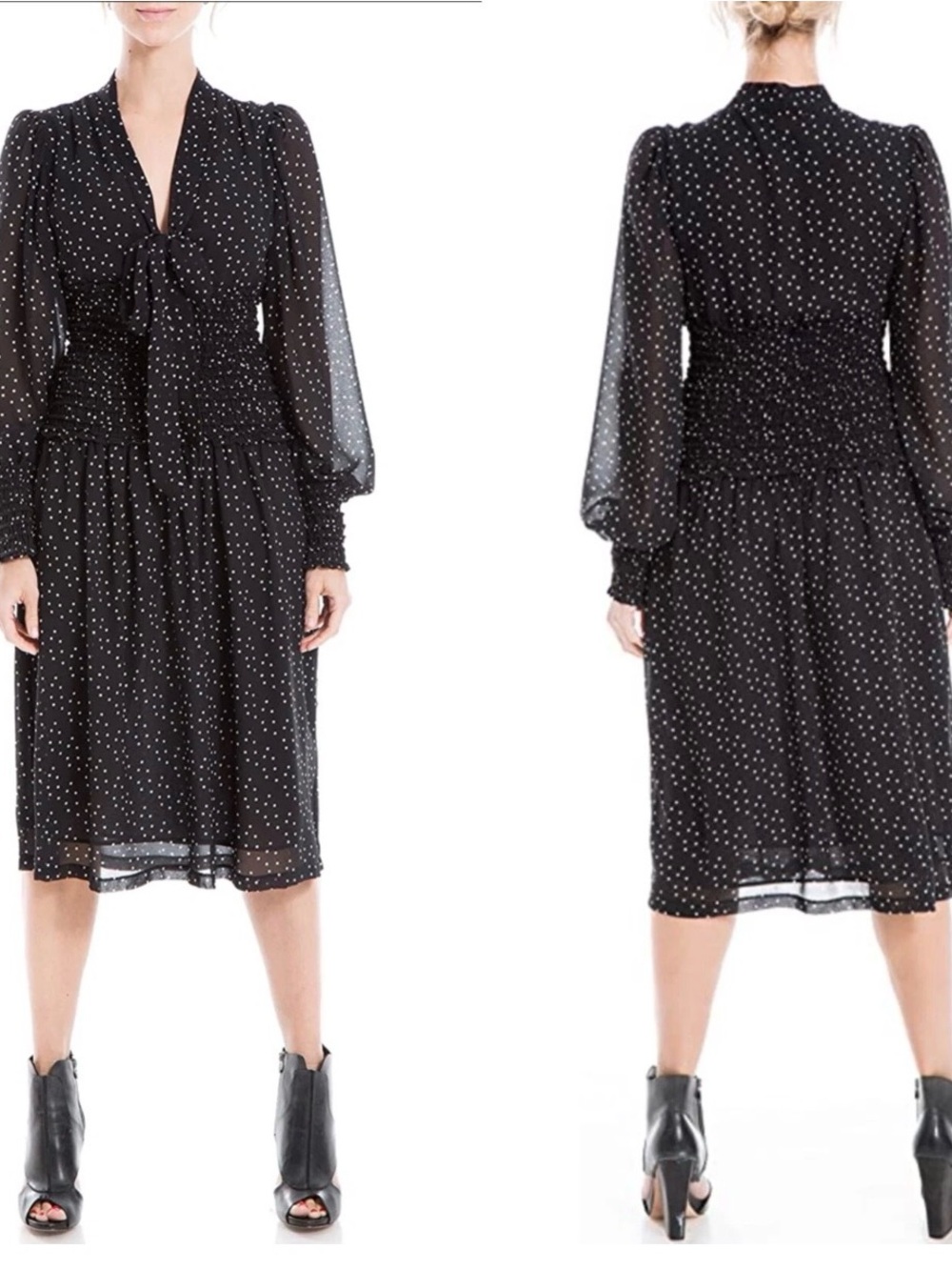 Max Studio Black Polka Dot Long-Sleeve Smocked Dress